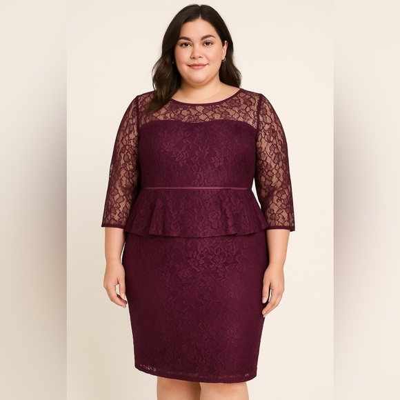 SAKS Fifth Ave Black Label Burgundy Lace Peplum Dress - Picture 1 of 10